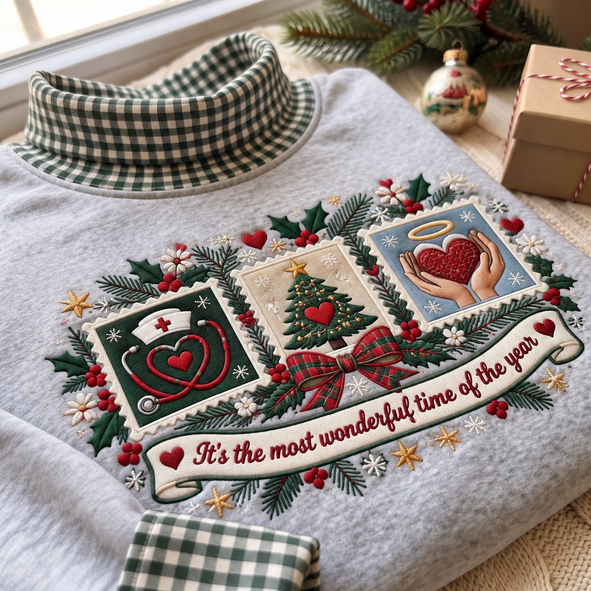Hospice Nurse It's The Most Wonderful Time Of The Year HG AI Gingham Mock Neck Sweatshirt, Embroidered Christmas Stam