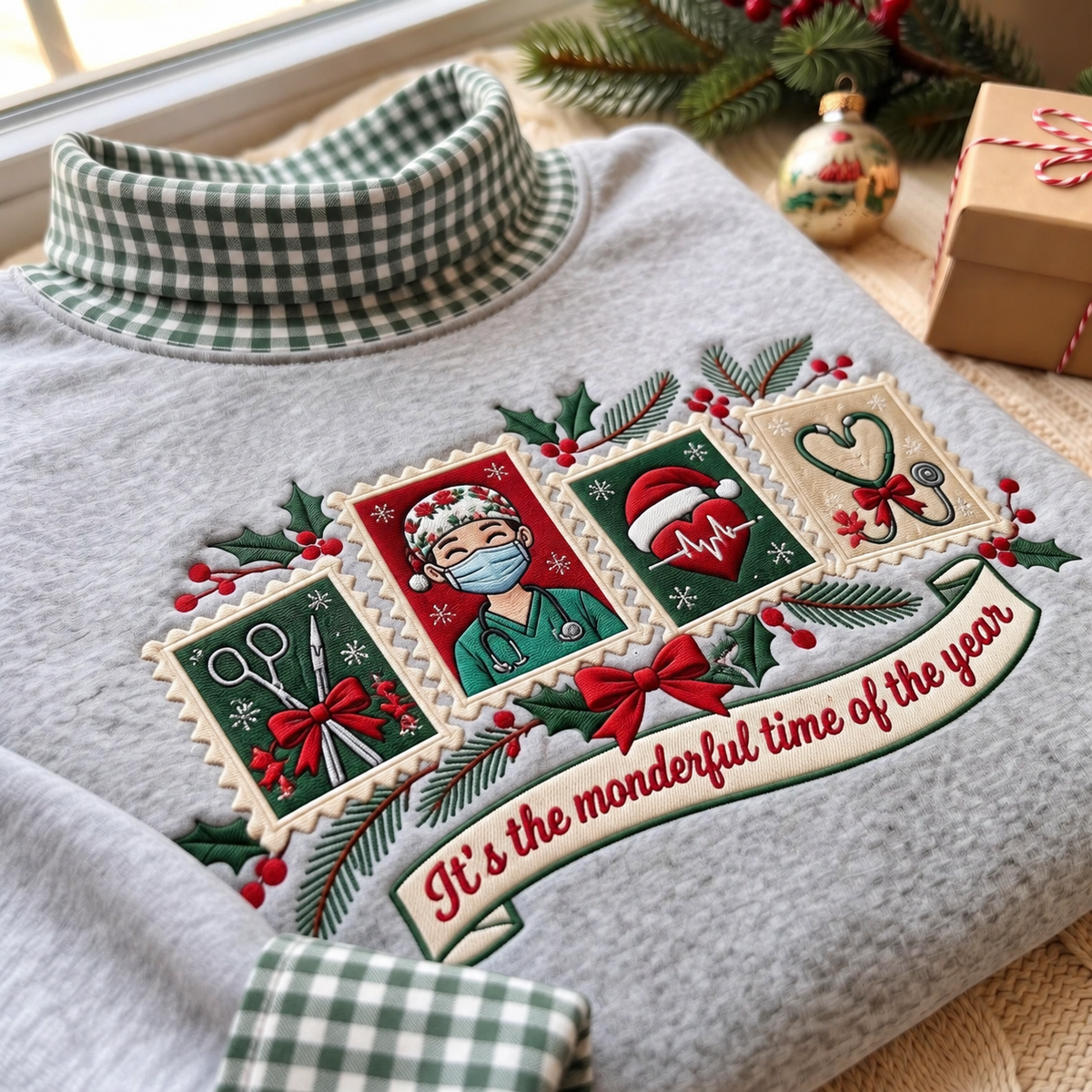 Surgeon It's The Most Wonderful Time Of The Year HG AI Gingham Mock Neck Sweatshirt, Embroidered Christmas Stam