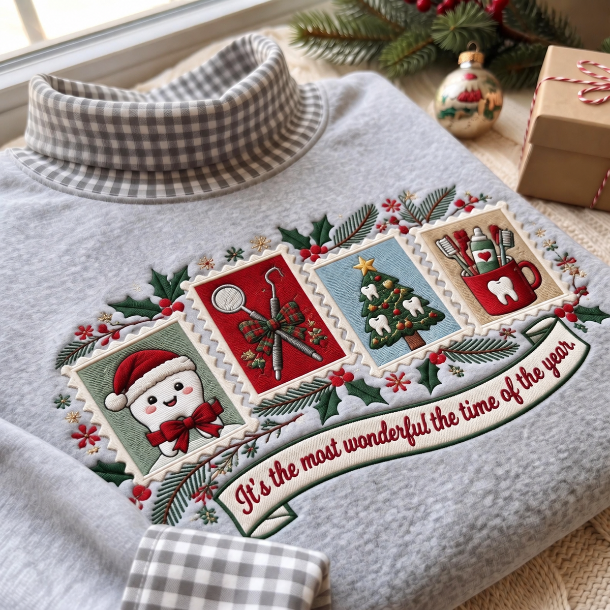 Dentist It's The Most Wonderful Time Of The Year HG AI Gingham Mock Neck Sweatshirt, Embroidered Christmas Stam