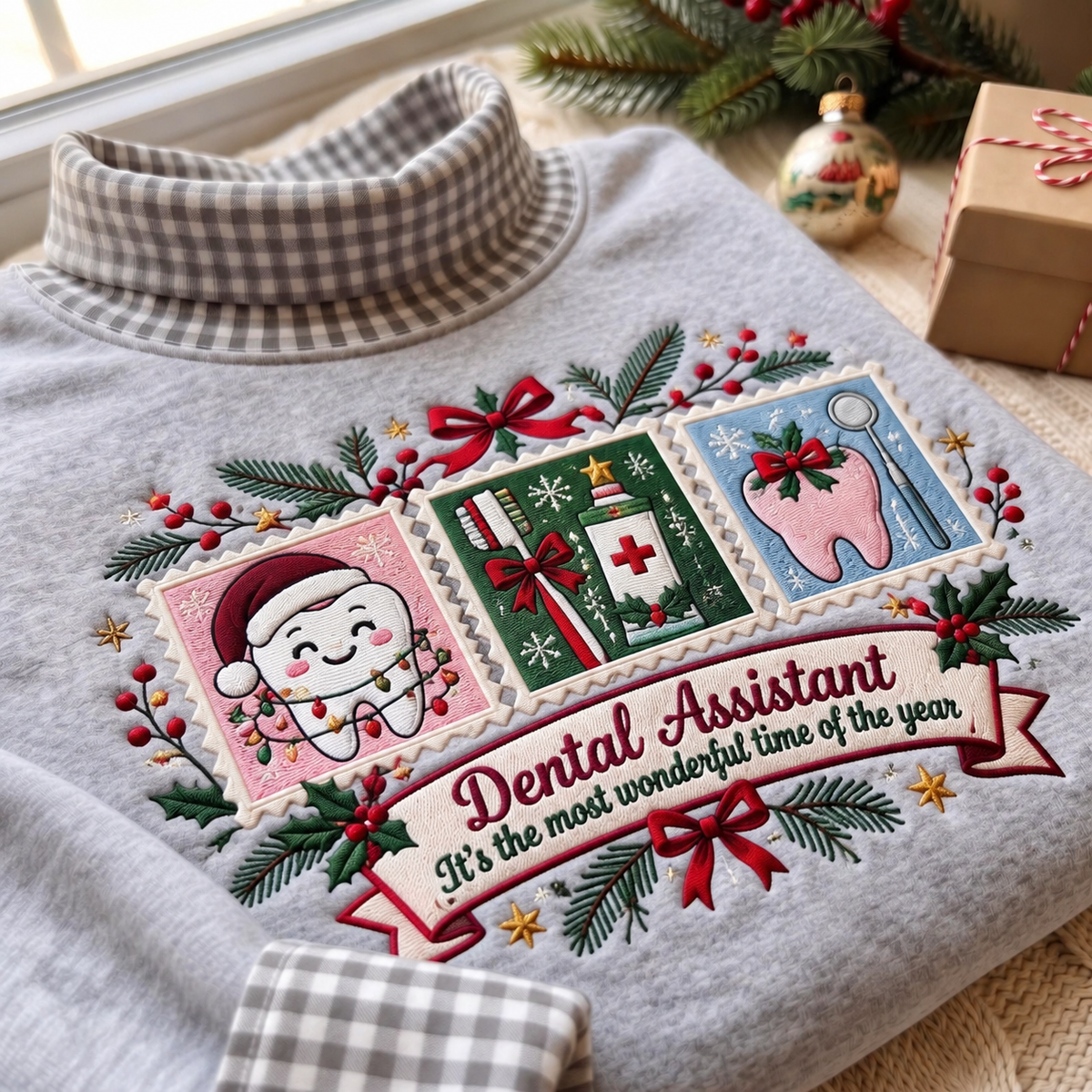 Dental Assistant It's The Most Wonderful Time Of The Year HG AI Gingham Mock Neck Sweatshirt, Embroidered Christmas Stam