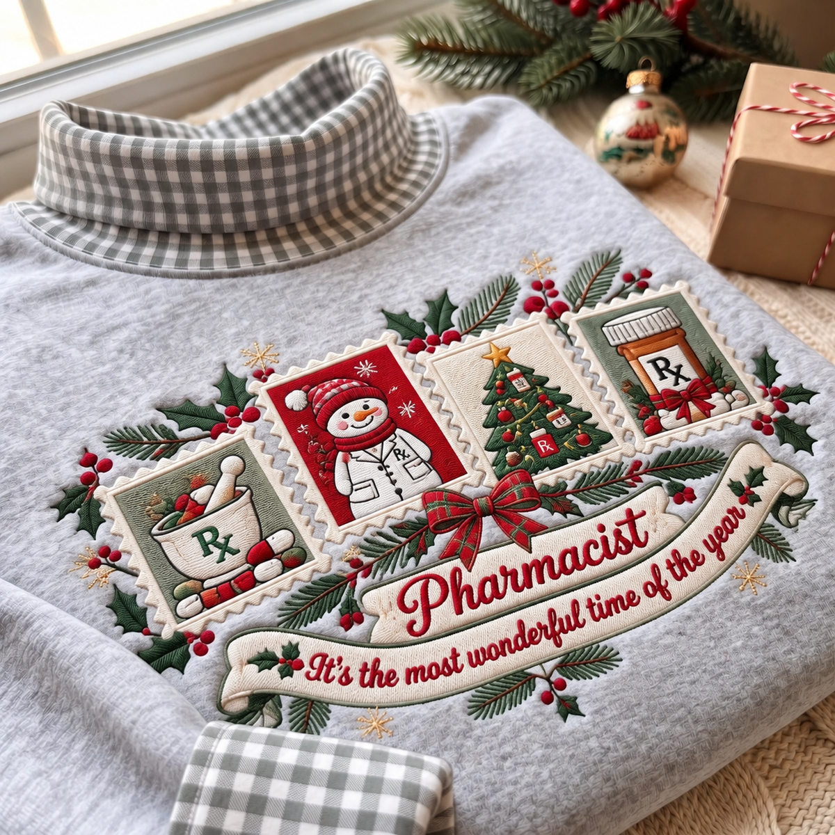 Pharmacist It's The Most Wonderful Time Of The Year HG AI Gingham Mock Neck Sweatshirt, Embroidered Christmas Stam