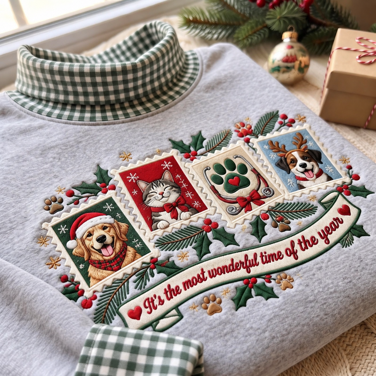 Veterinary Technician It's The Most Wonderful Time Of The Year HG AI Gingham Mock Neck Sweatshirt, Embroidered Christmas