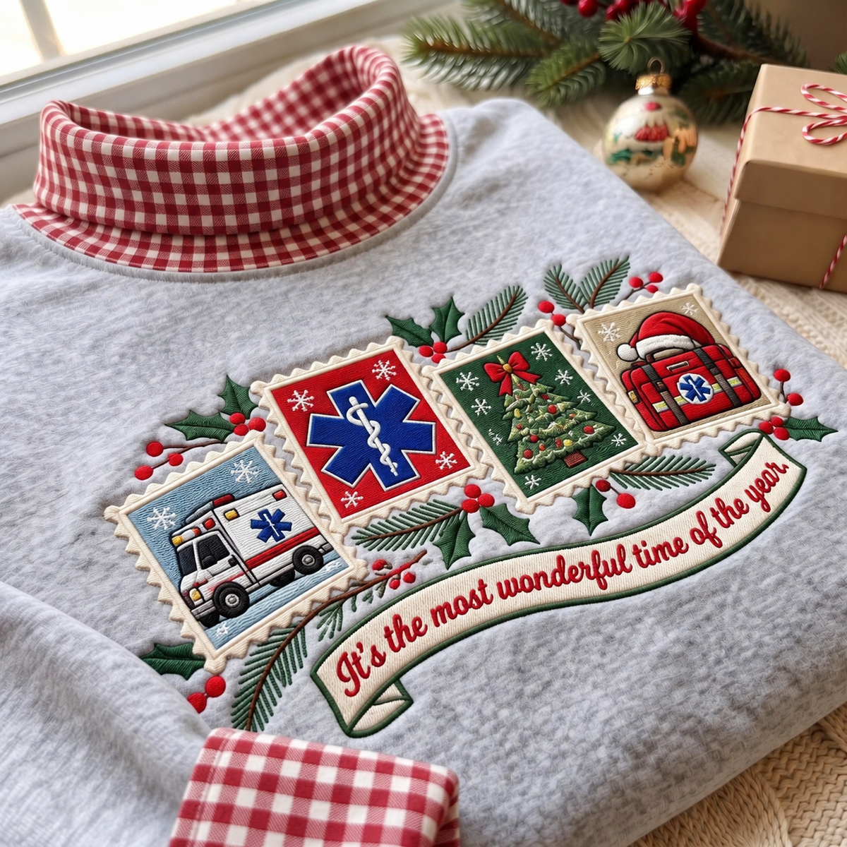 Paramedic It's The Most Wonderful Time Of The Year HG AI Gingham Mock Neck Sweatshirt, Embroidered Christmas Stam