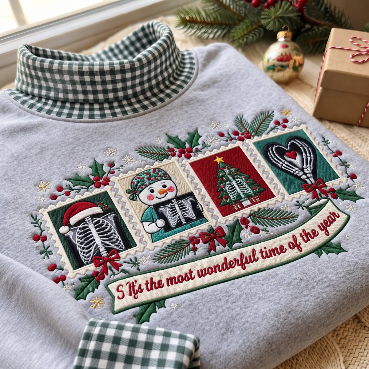 X-Ray Tech It's The Most Wonderful Time Of The Year HG AI Gingham Mock Neck Sweatshirt, Embroidered Christmas Stam