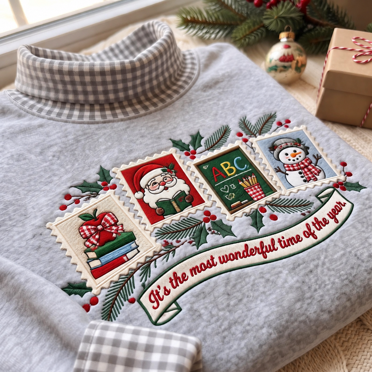 Teacher It's The Most Wonderful Time Of The Year HG AI Gingham Mock Neck Sweatshirt, Embroidered Christmas Stam