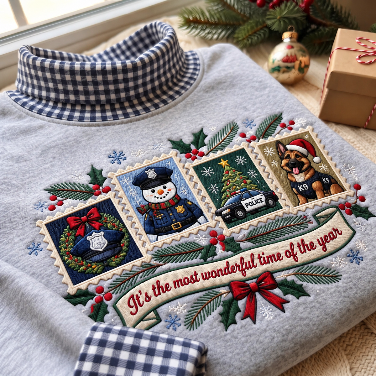 Police Officer It's The Most Wonderful Time Of The Year HG AI Gingham Mock Neck Sweatshirt, Embroidered Christmas Stam