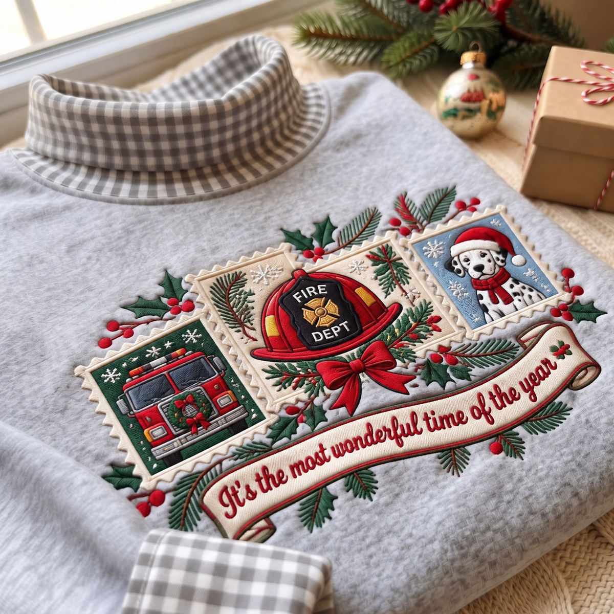 Firefighter It's The Most Wonderful Time Of The Year HG AI Gingham Mock Neck Sweatshirt, Embroidered Christmas Stam
