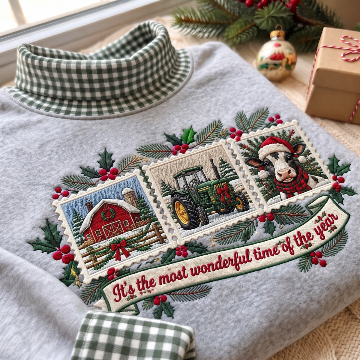 Farmer It's The Most Wonderful Time Of The Year HG AI Gingham Mock Neck Sweatshirt, Embroidered Christmas Stam