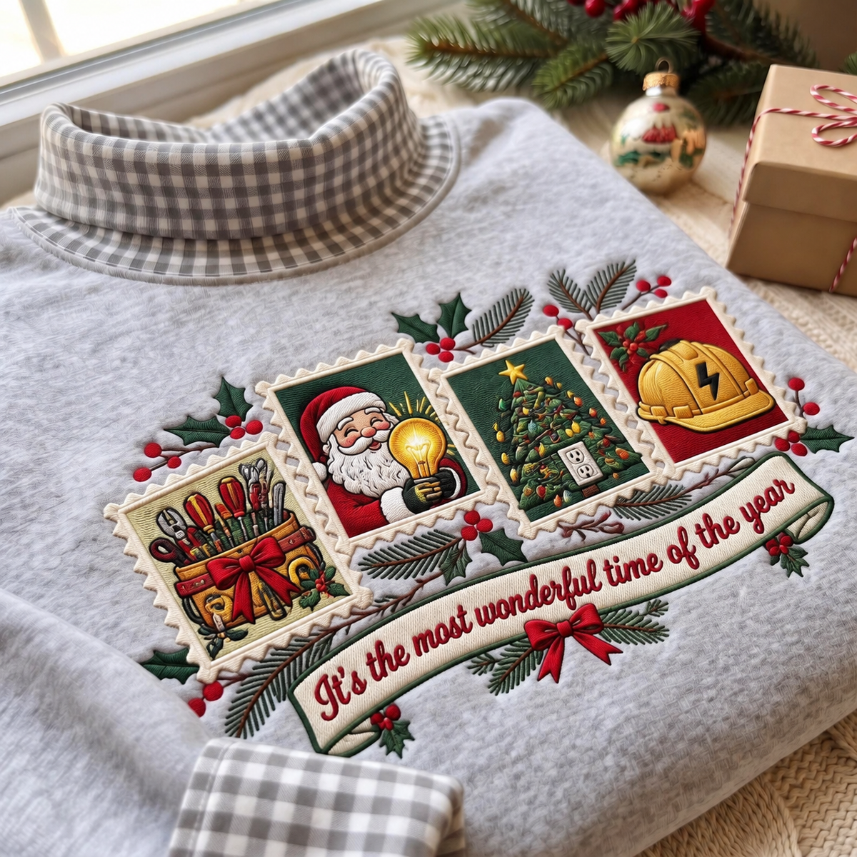 Electrician It's The Most Wonderful Time Of The Year HG AI Gingham Mock Neck Sweatshirt, Embroidered Christmas Stam