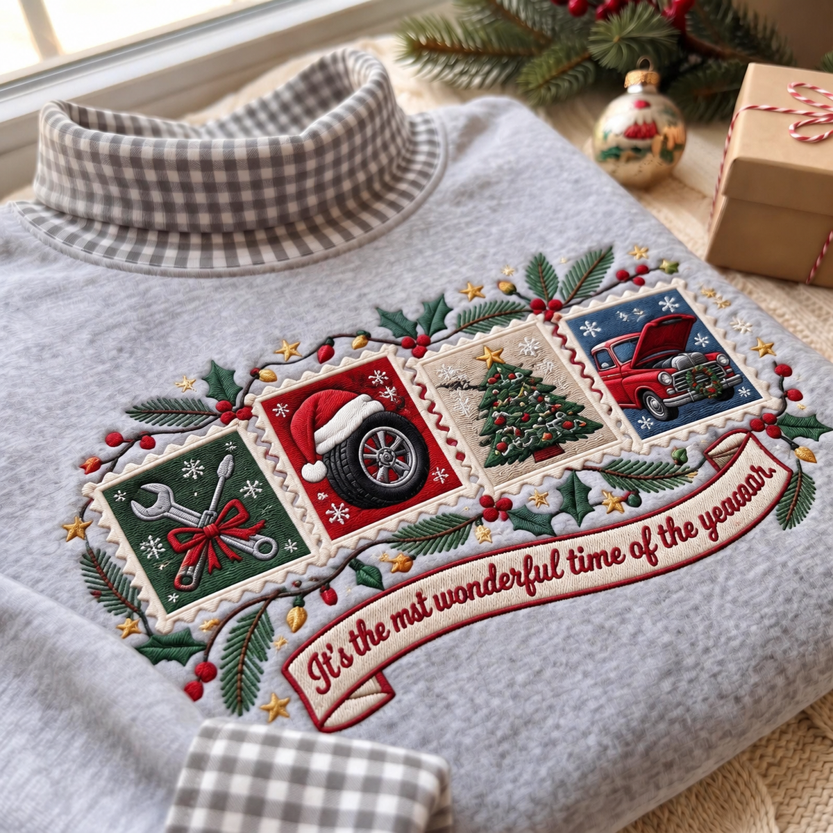 Mechanic It's The Most Wonderful Time Of The Year HG AI Gingham Mock Neck Sweatshirt, Embroidered Christmas Stam