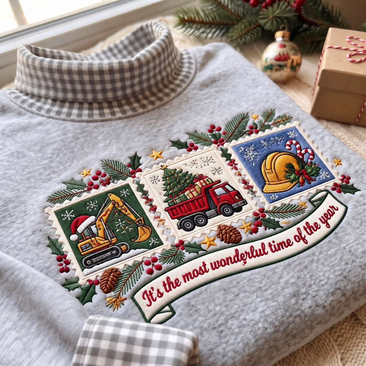 Construction Worker It's The Most Wonderful Time Of The Year HG AI Gingham Mock Neck Sweatshirt, Embroidered Christmas