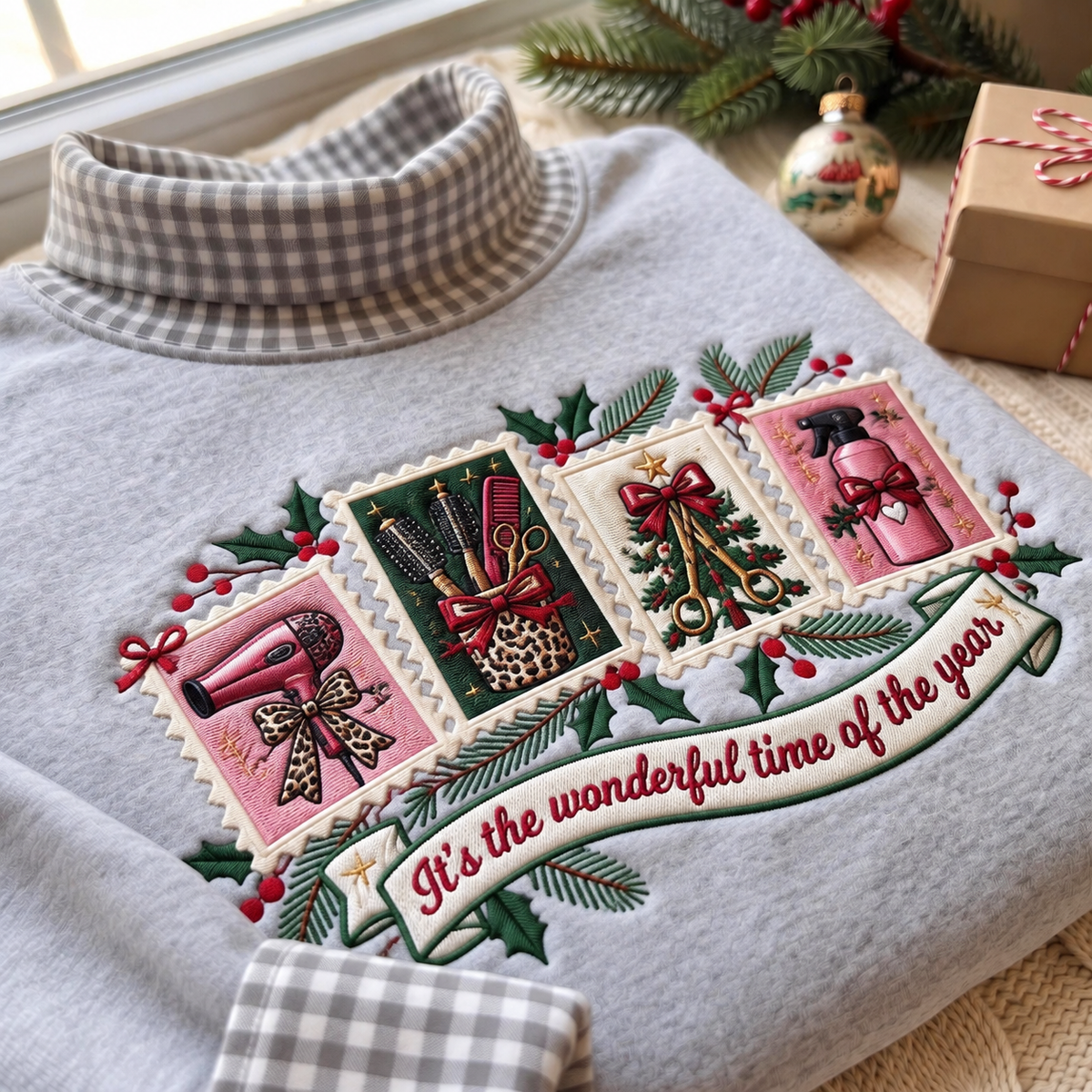 Hairstylist It's The Most Wonderful Time Of The Year HG AI Gingham Mock Neck Sweatshirt, Embroidered Christmas Stam