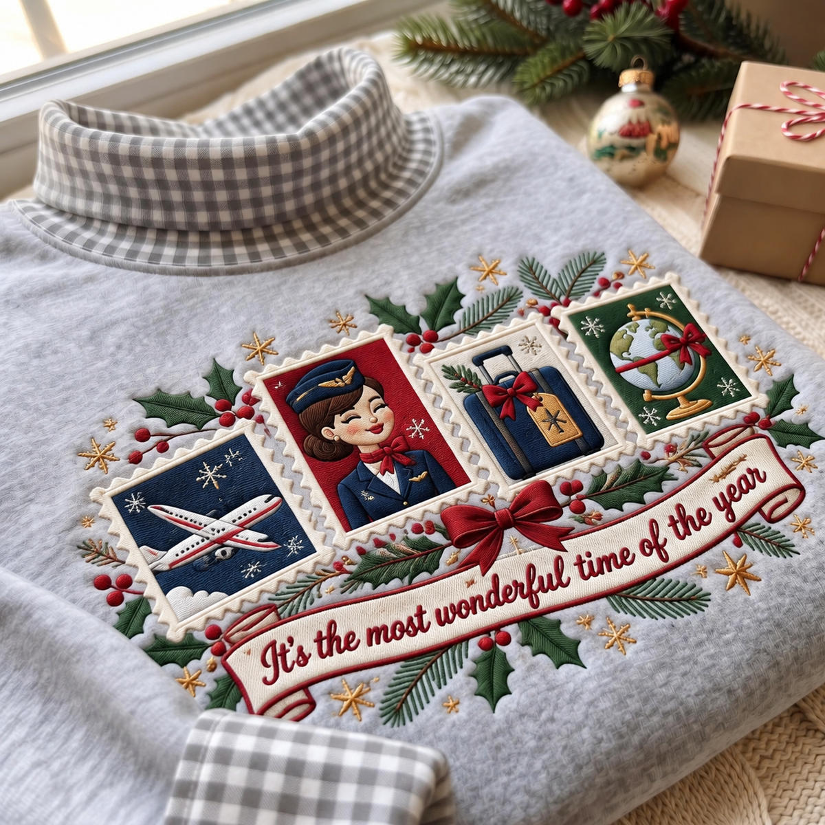 Flight Attendant It's The Most Wonderful Time Of The Year HG AI Gingham Mock Neck Sweatshirt, Embroidered Christmas Stam