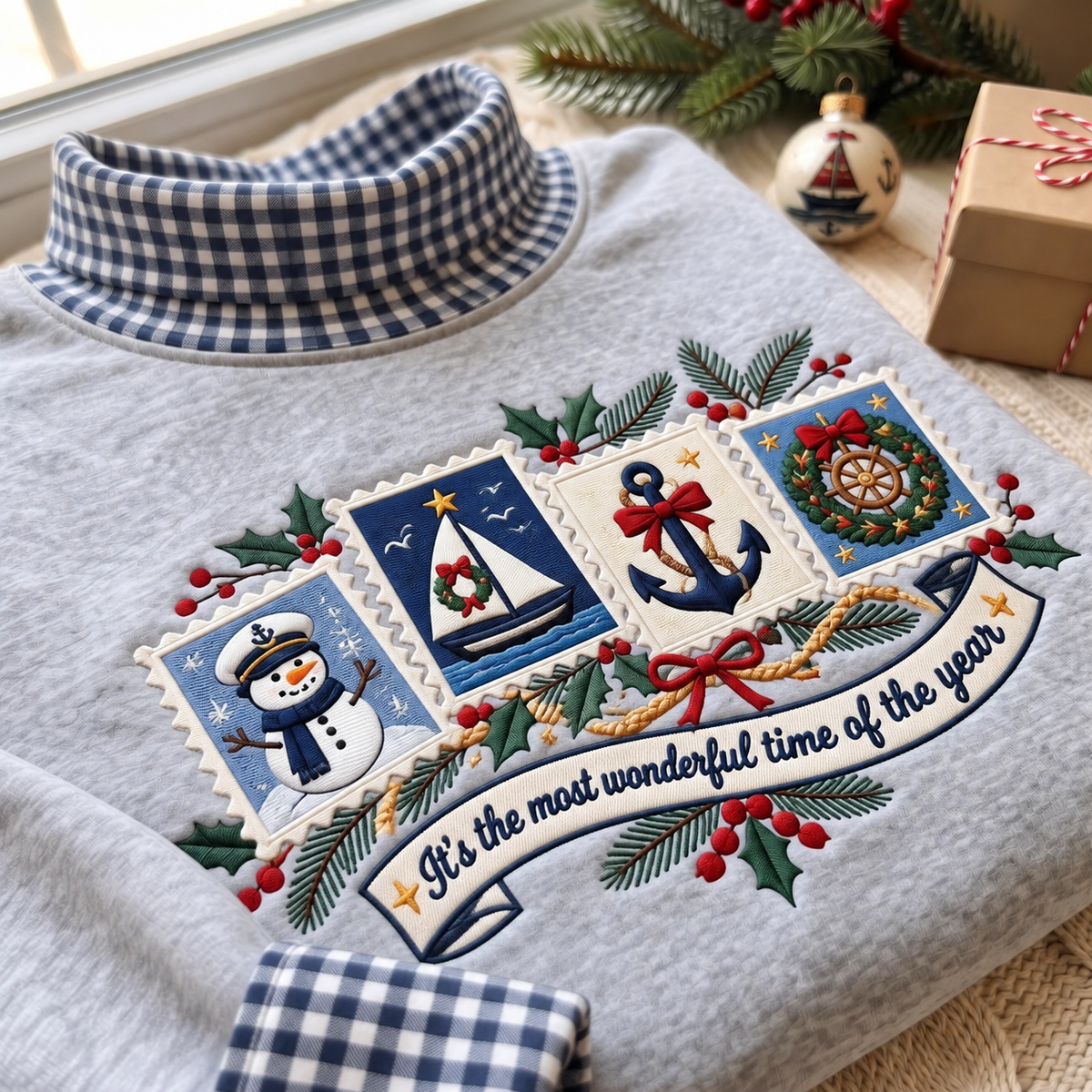 Sailor It's The Most Wonderful Time Of The Year HG AI Gingham Mock Neck Sweatshirt, Embroidered Christmas Stam
