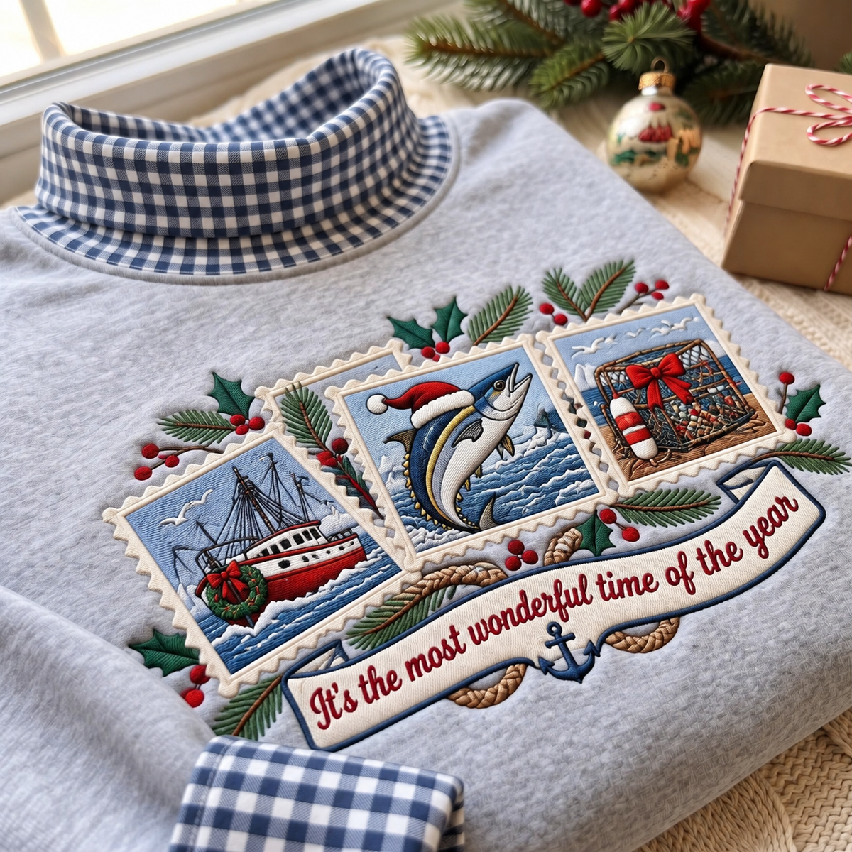 Commercial Fisherman It's The Most Wonderful Time Of The Year HG AI Gingham Mock Neck Sweatshirt, Embroidered Christmas