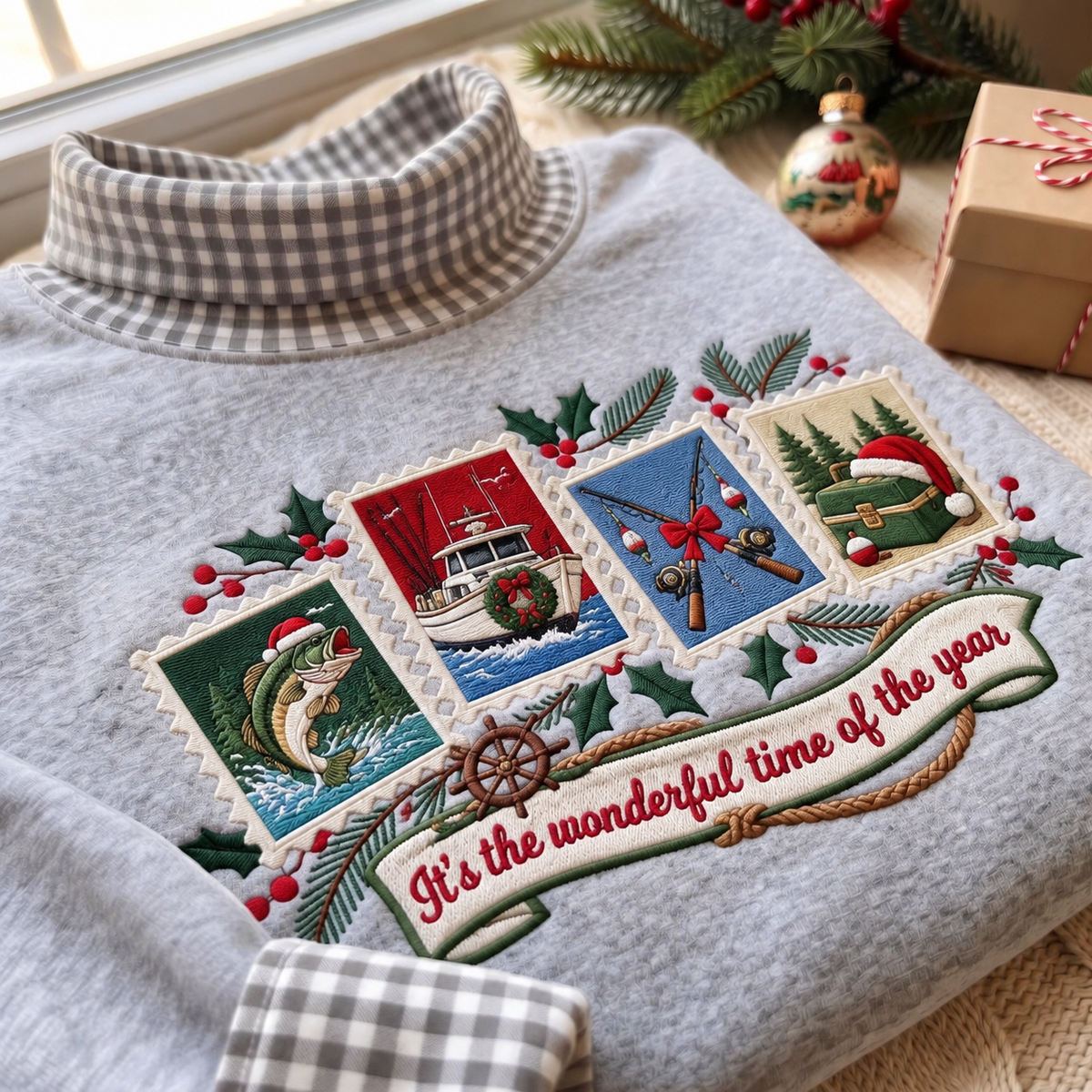 Fishing Boat Captain It's The Most Wonderful Time Of The Year HG AI Gingham Mock Neck Sweatshirt, Embroidered Christmas