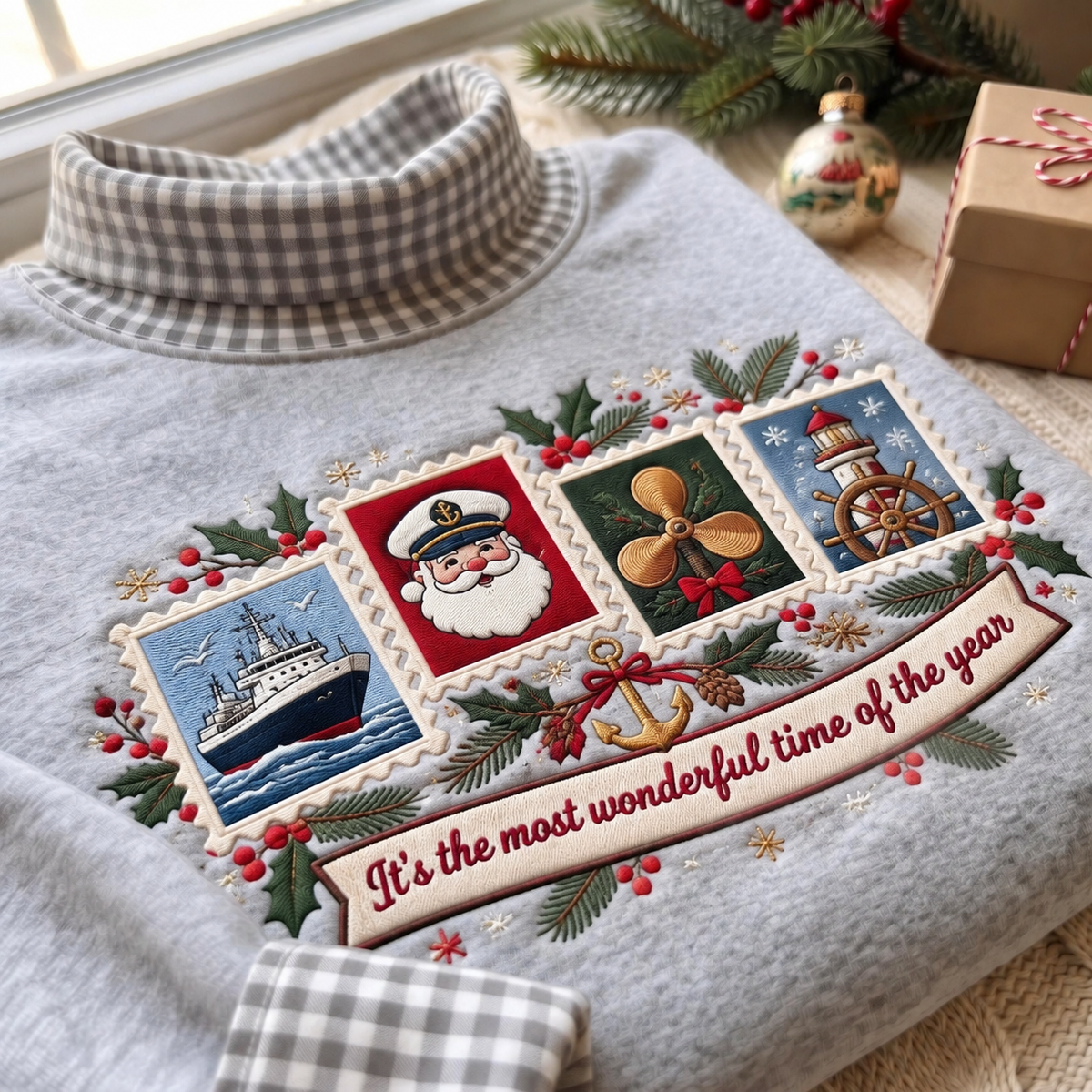 Ship Engineer It's The Most Wonderful Time Of The Year HG AI Gingham Mock Neck Sweatshirt, Embroidered Christmas Stam