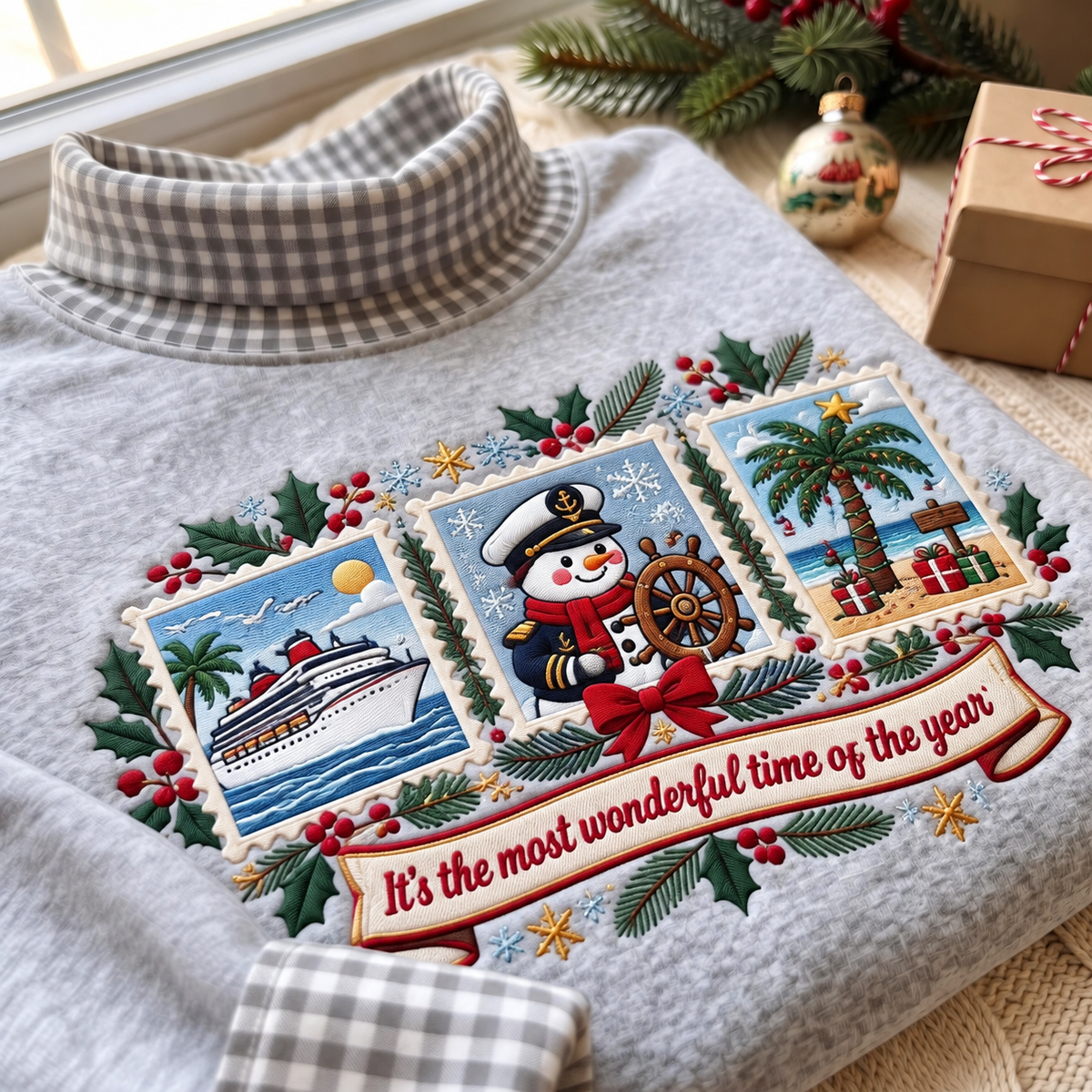 Cruise Ship Worker It's The Most Wonderful Time Of The Year HG AI Gingham Mock Neck Sweatshirt, Embroidered Christmas