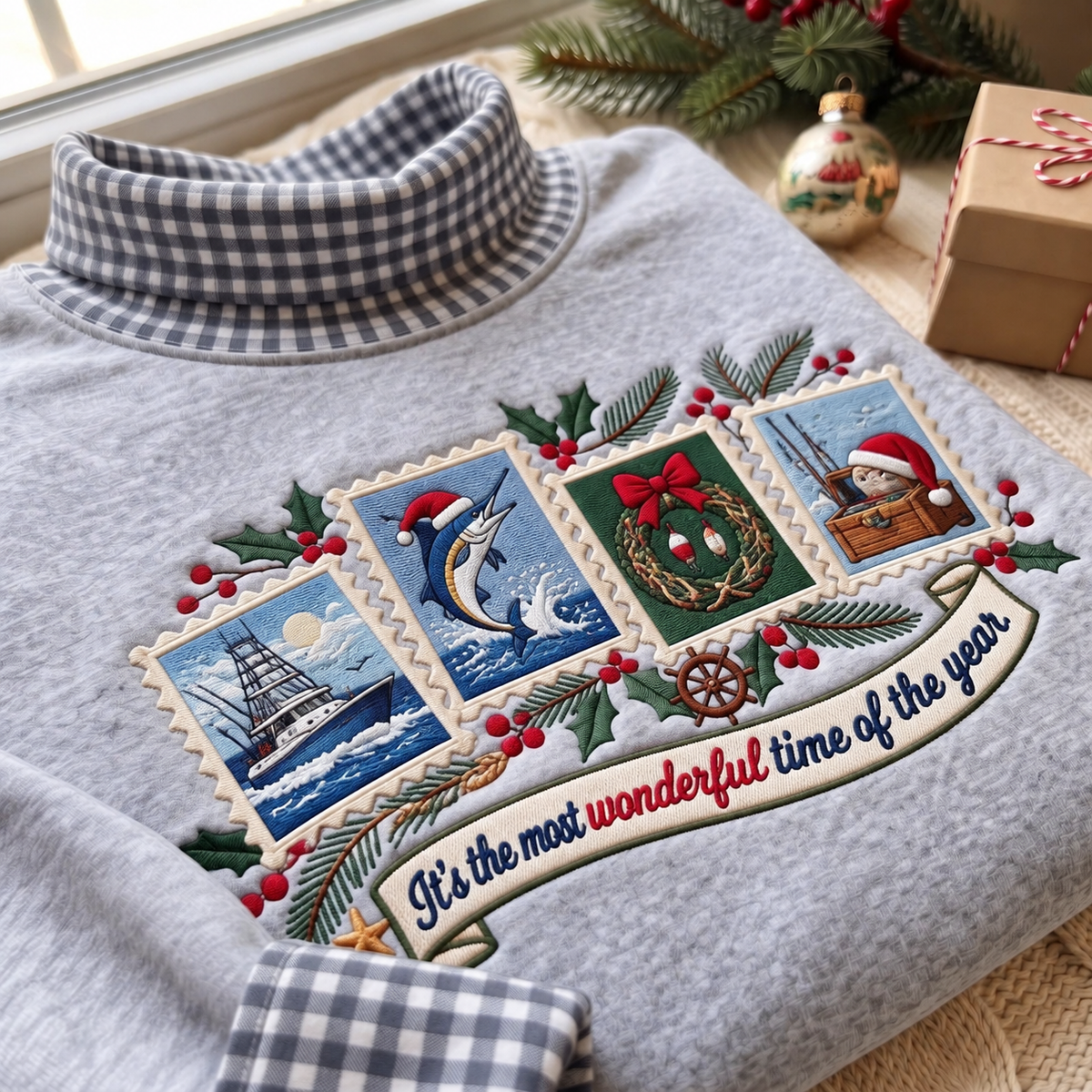 Deep Sea Fisherman It's The Most Wonderful Time Of The Year HG AI Gingham Mock Neck Sweatshirt, Embroidered Christmas