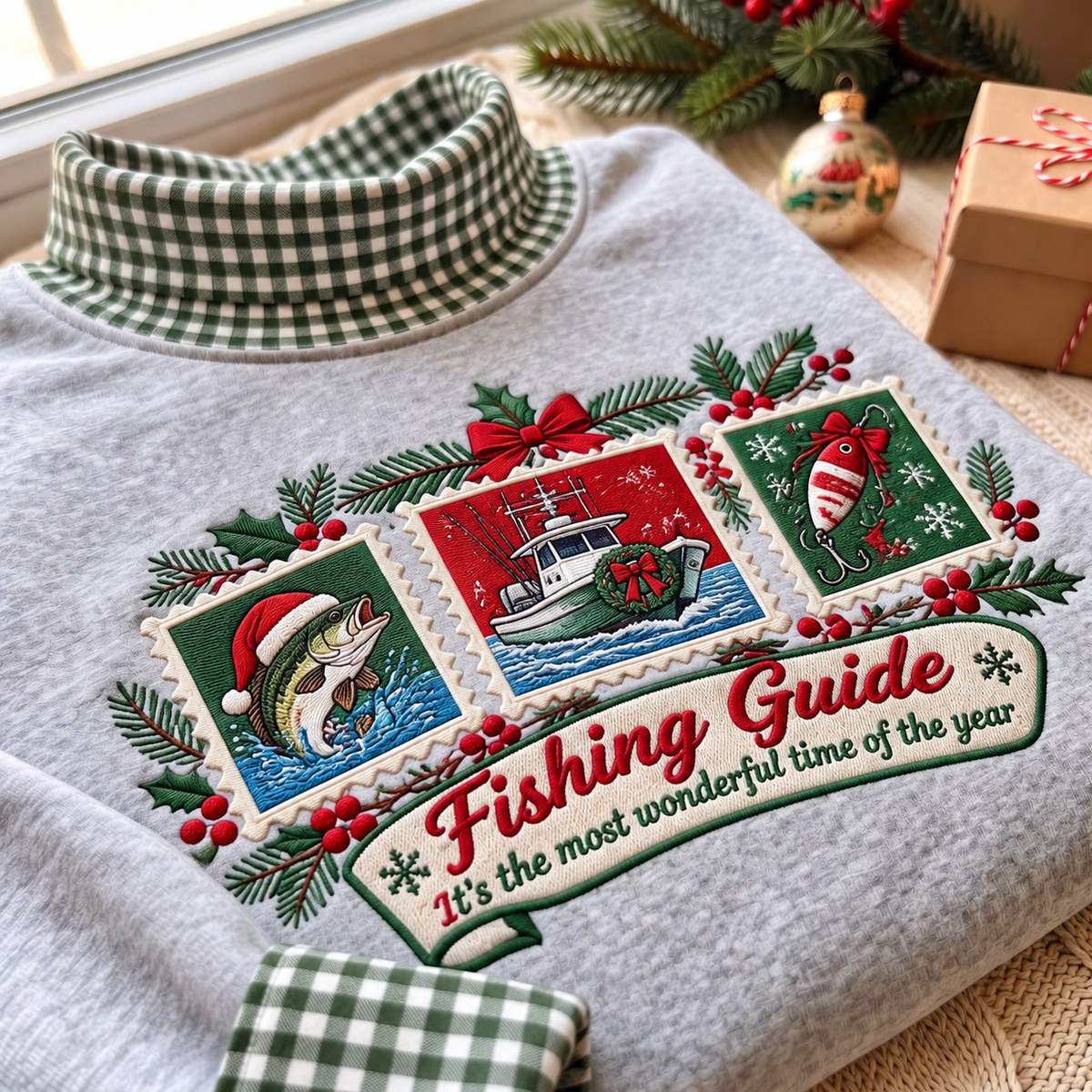 Fishing Guide It's The Most Wonderful Time Of The Year HG AI Gingham Mock Neck Sweatshirt, Embroidered Christmas Stam