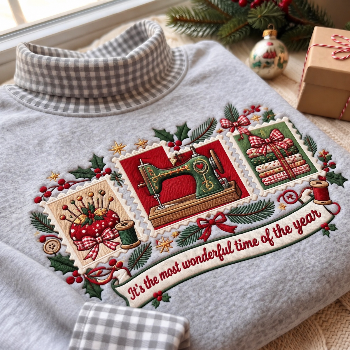 Sewing It's The Most Wonderful Time Of The Year HG AI Gingham Mock Neck Sweatshirt, Embroidered Christmas Stam