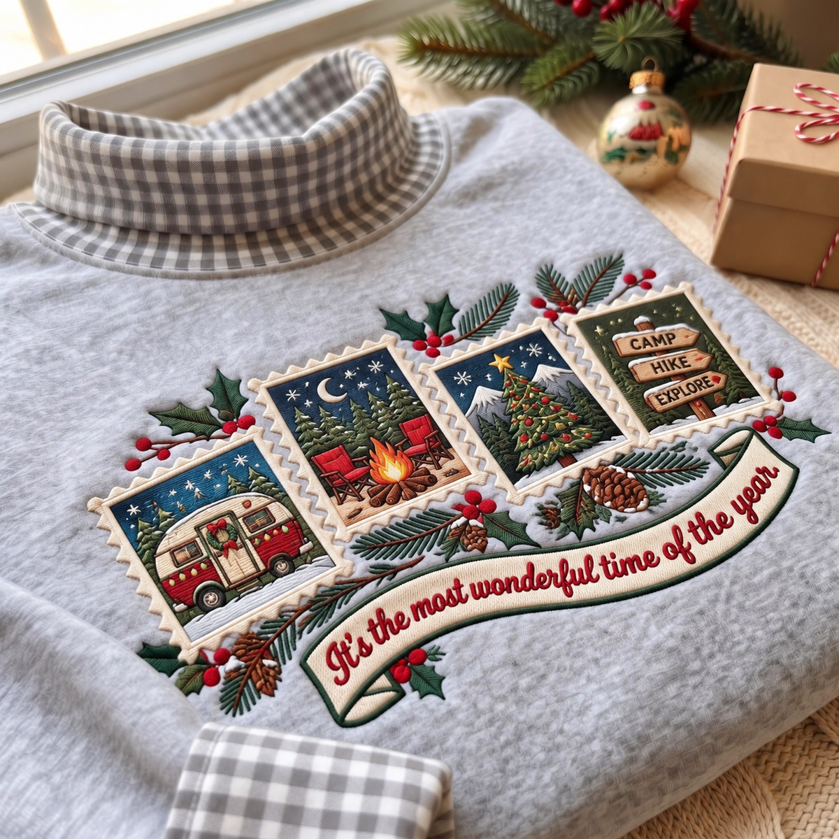 Camping It's The Most Wonderful Time Of The Year HG AI Gingham Mock Neck Sweatshirt, Embroidered Christmas Stam