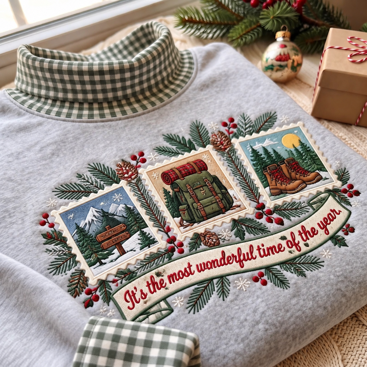 Hiking It's The Most Wonderful Time Of The Year HG AI Gingham Mock Neck Sweatshirt, Embroidered Christmas Stam