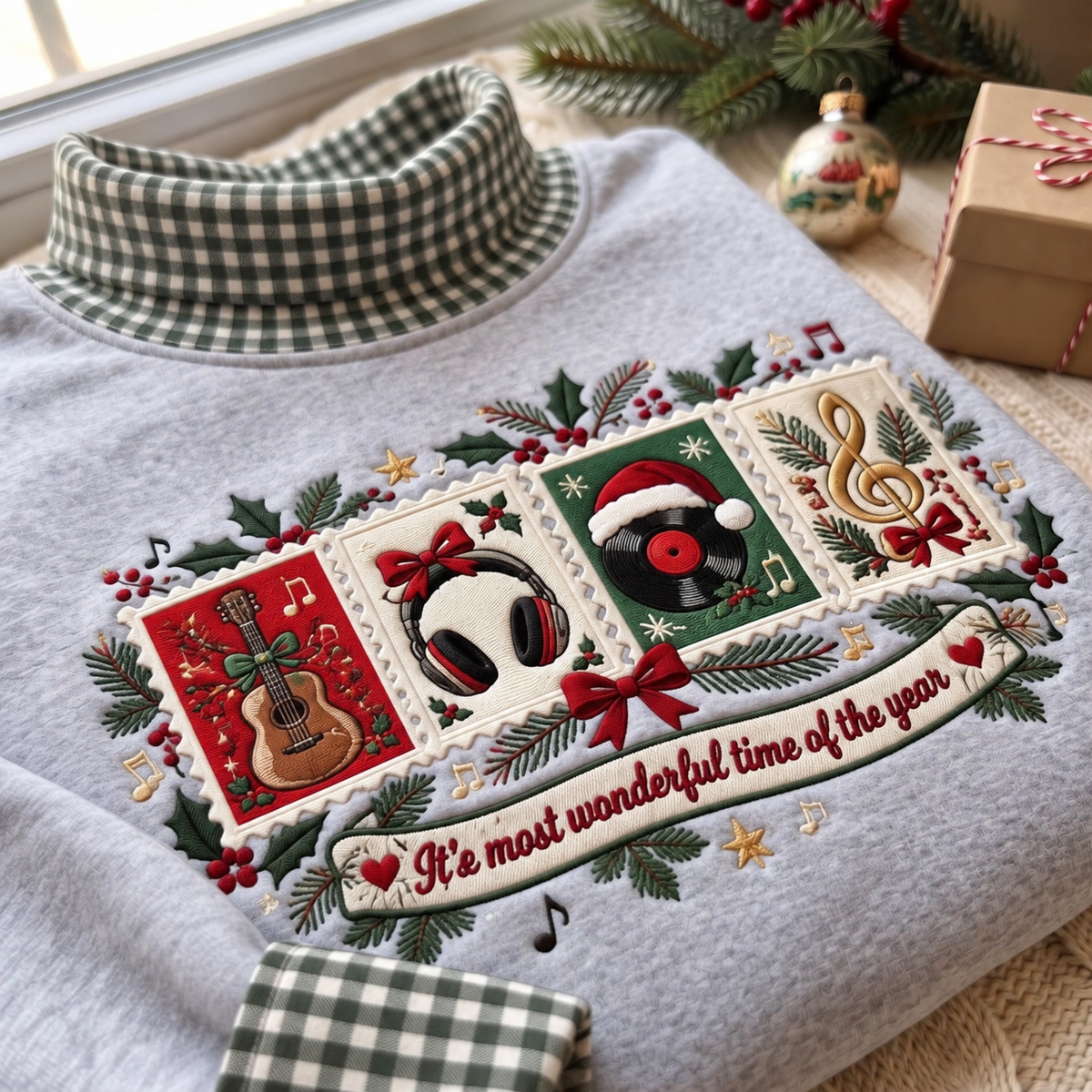 Music Lover It's The Most Wonderful Time Of The Year HG AI Gingham Mock Neck Sweatshirt, Embroidered Christmas Stam