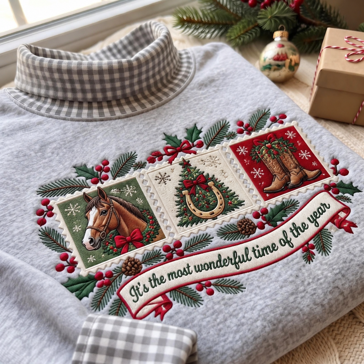 Horse Lover It's The Most Wonderful Time Of The Year HG AI Gingham Mock Neck Sweatshirt, Embroidered Christmas Stam