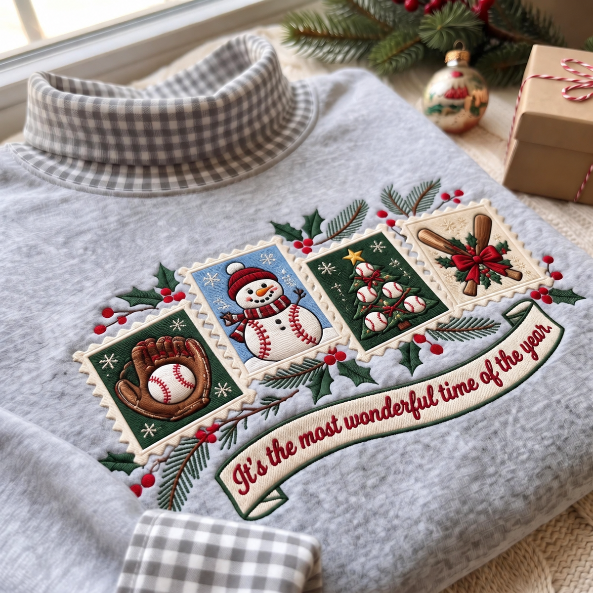 Baseball It's The Most Wonderful Time Of The Year HG AI Gingham Mock Neck Sweatshirt, Embroidered Christmas Stam