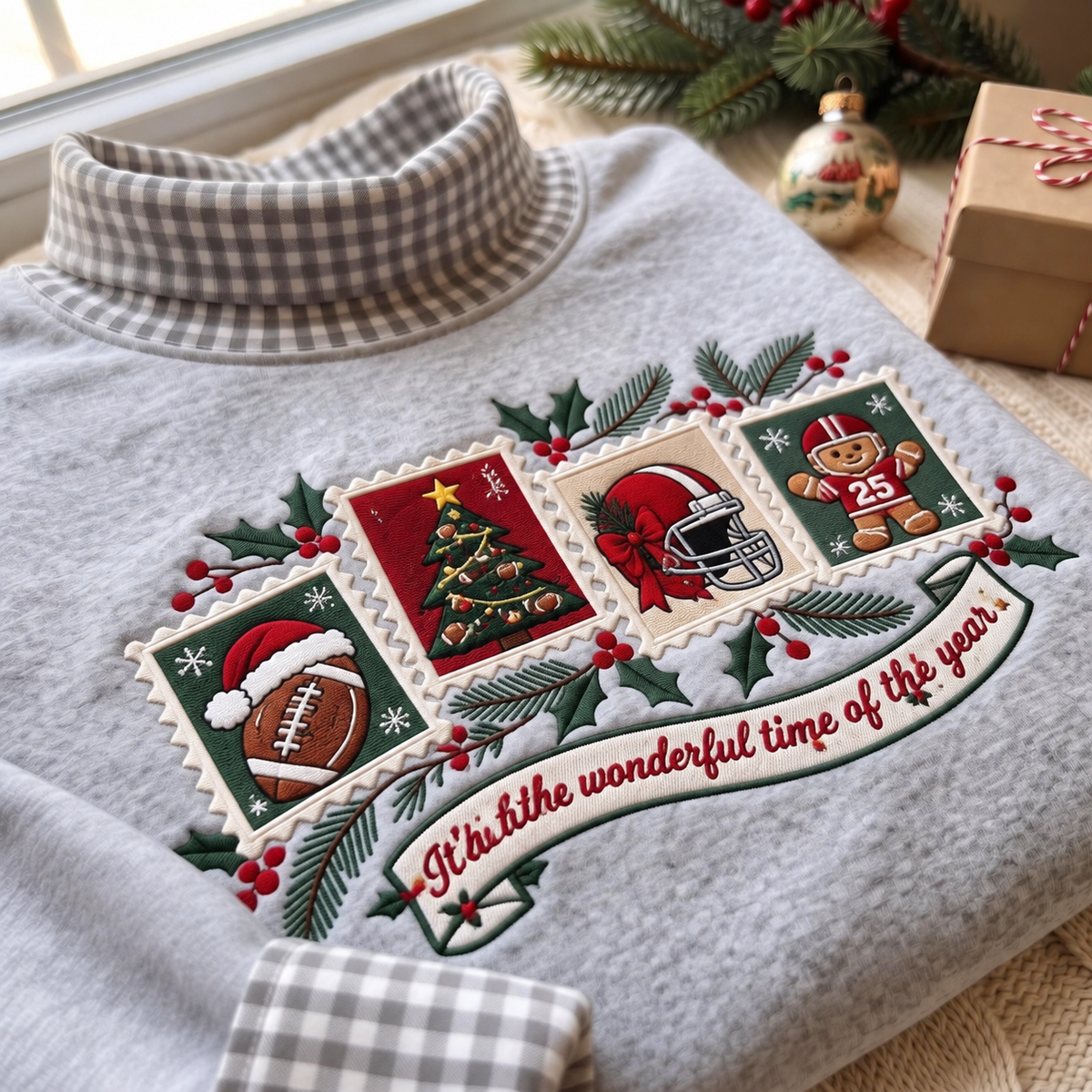 Football It's The Most Wonderful Time Of The Year HG AI Gingham Mock Neck Sweatshirt, Embroidered Christmas Stam