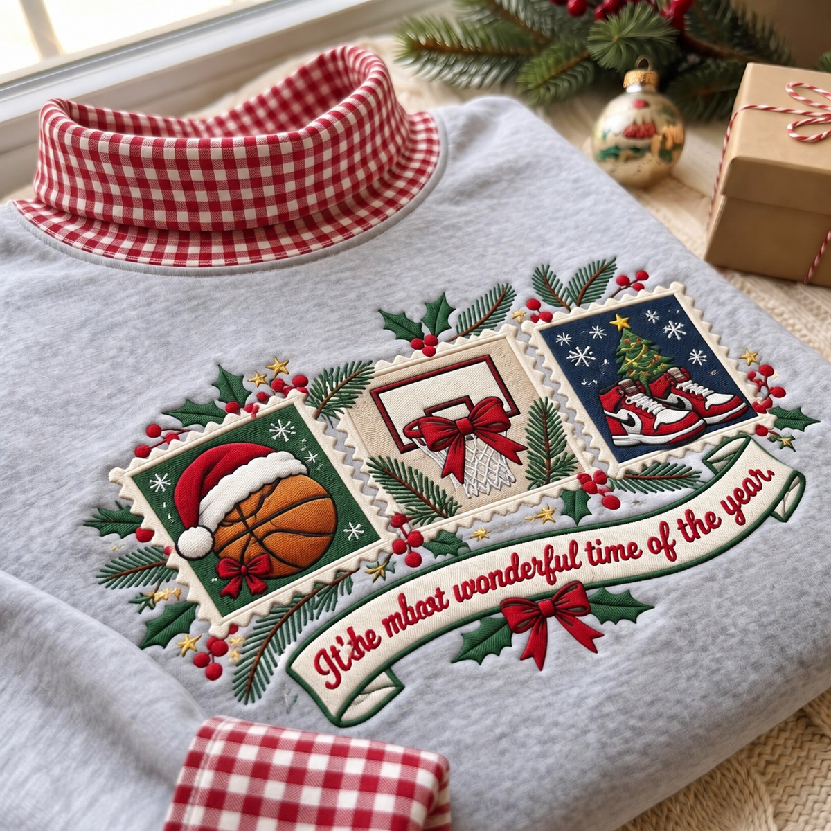 Basketball It's The Most Wonderful Time Of The Year HG AI Gingham Mock Neck Sweatshirt, Embroidered Christmas Stam