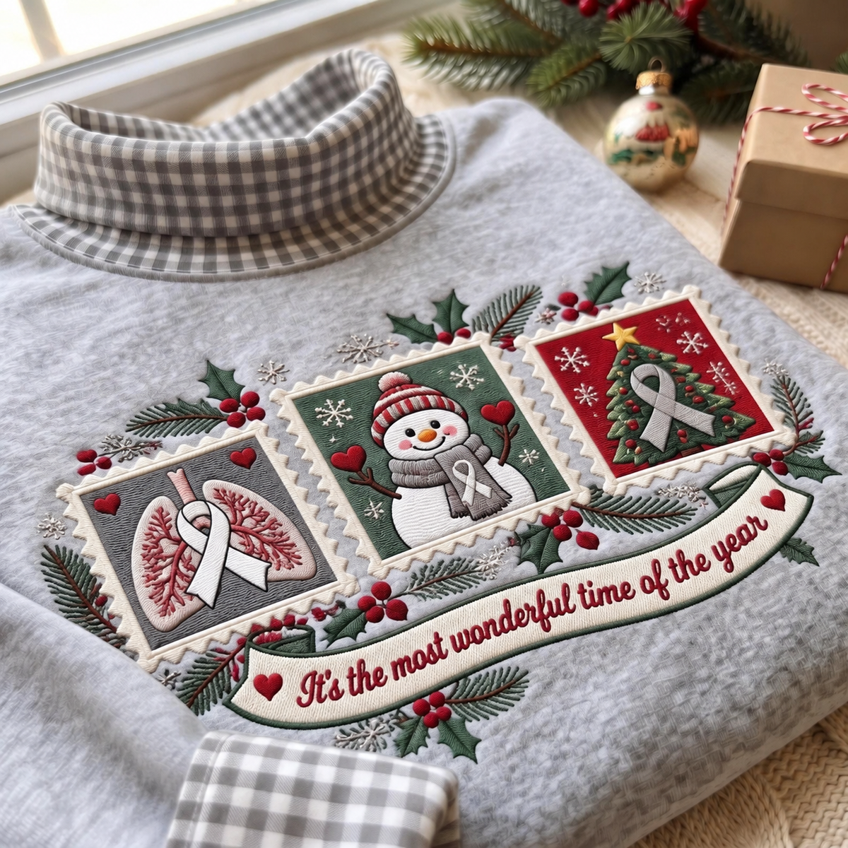 Lung Cancer It's The Most Wonderful Time Of The Year HG AI Gingham Mock Neck Sweatshirt, Embroidered Christmas Stam