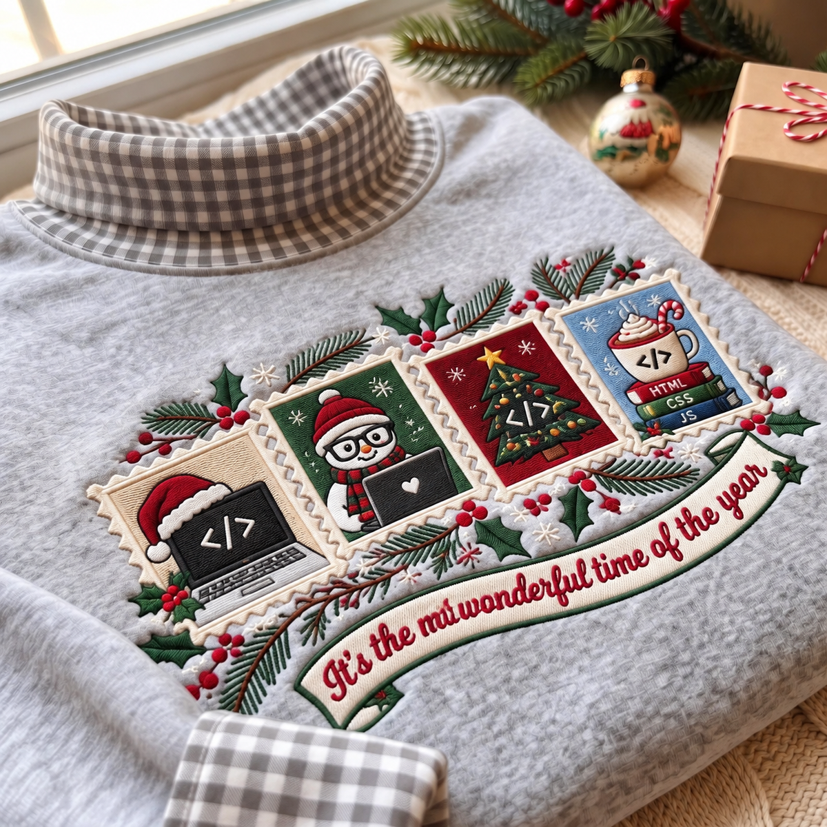 Frontend Developer It's The Most Wonderful Time Of The Year HG AI Gingham Mock Neck Sweatshirt, Embroidered Christmas