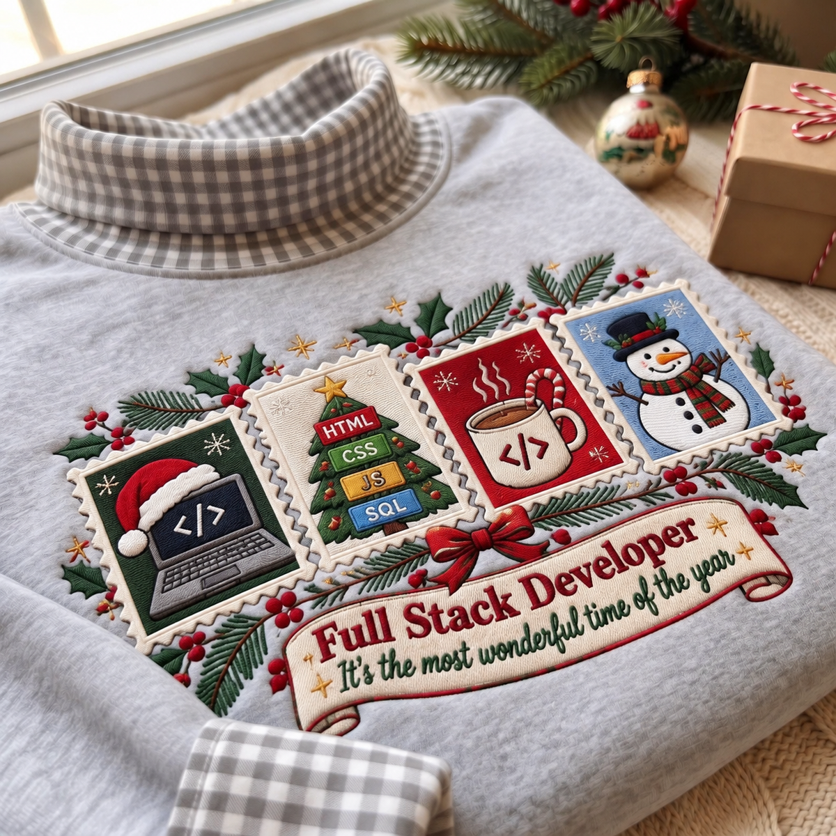Full Stack Developer It's The Most Wonderful Time Of The Year HG AI Gingham Mock Neck Sweatshirt, Embroidered Christmas