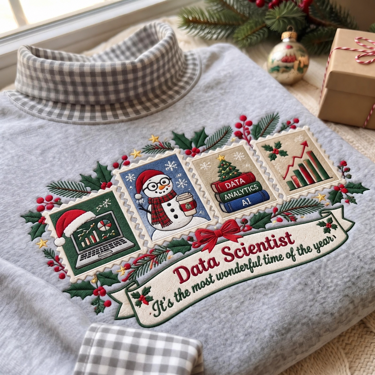 Data Scientist It's The Most Wonderful Time Of The Year HG AI Gingham Mock Neck Sweatshirt, Embroidered Christmas Stam