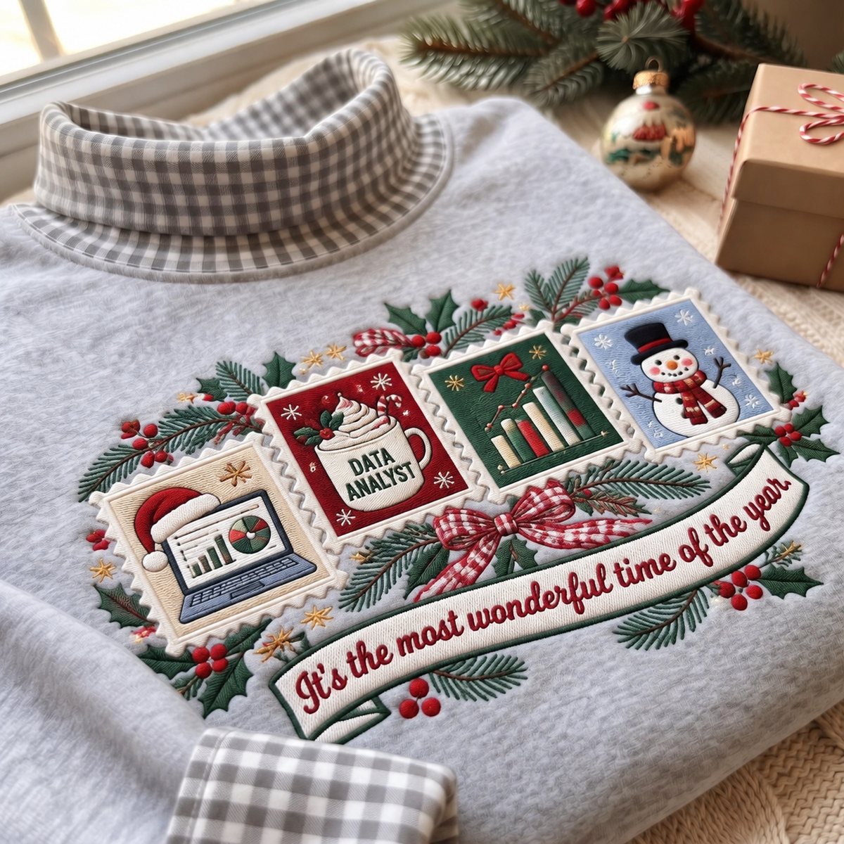 Data Analyst It's The Most Wonderful Time Of The Year HG AI Gingham Mock Neck Sweatshirt, Embroidered Christmas Stam