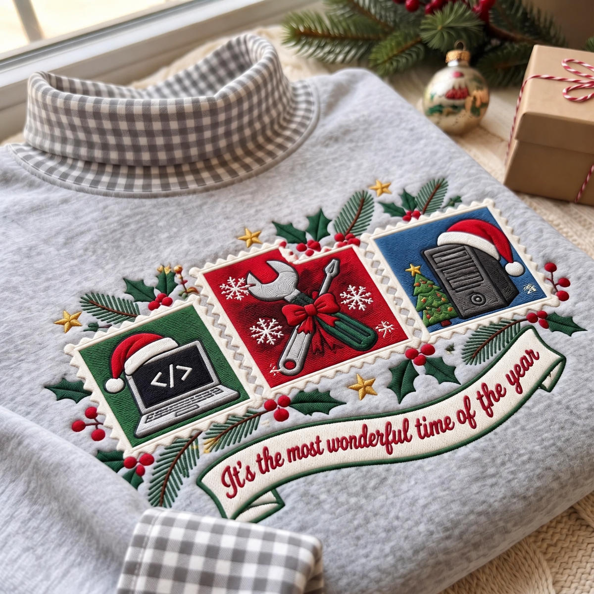 IT Technician It's The Most Wonderful Time Of The Year HG AI Gingham Mock Neck Sweatshirt, Embroidered Christmas Stam