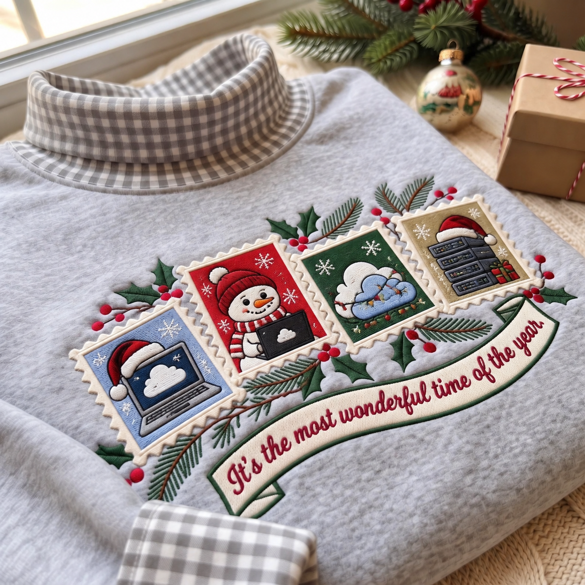 Cloud Engineer It's The Most Wonderful Time Of The Year HG AI Gingham Mock Neck Sweatshirt, Embroidered Christmas Stam