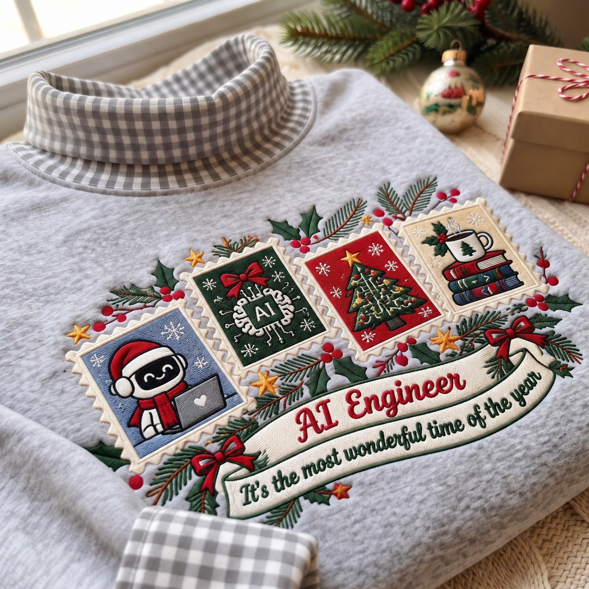 AI Engineer It's The Most Wonderful Time Of The Year HG AI Gingham Mock Neck Sweatshirt, Embroidered Christmas Stam