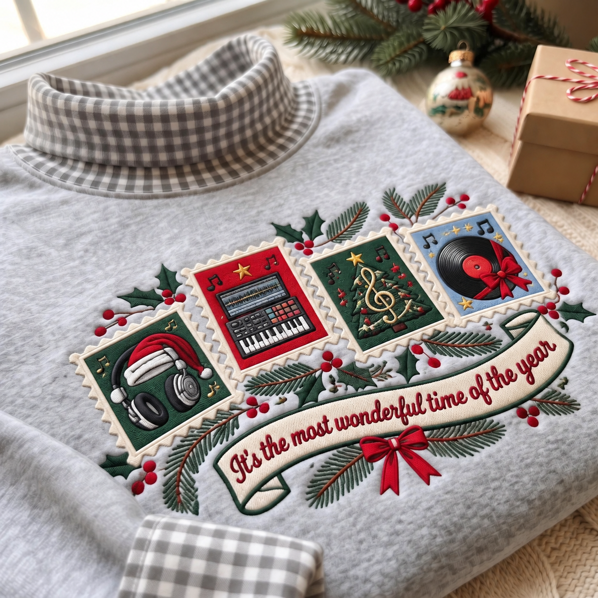 Music Producer It's The Most Wonderful Time Of The Year HG AI Gingham Mock Neck Sweatshirt, Embroidered Christmas Stam