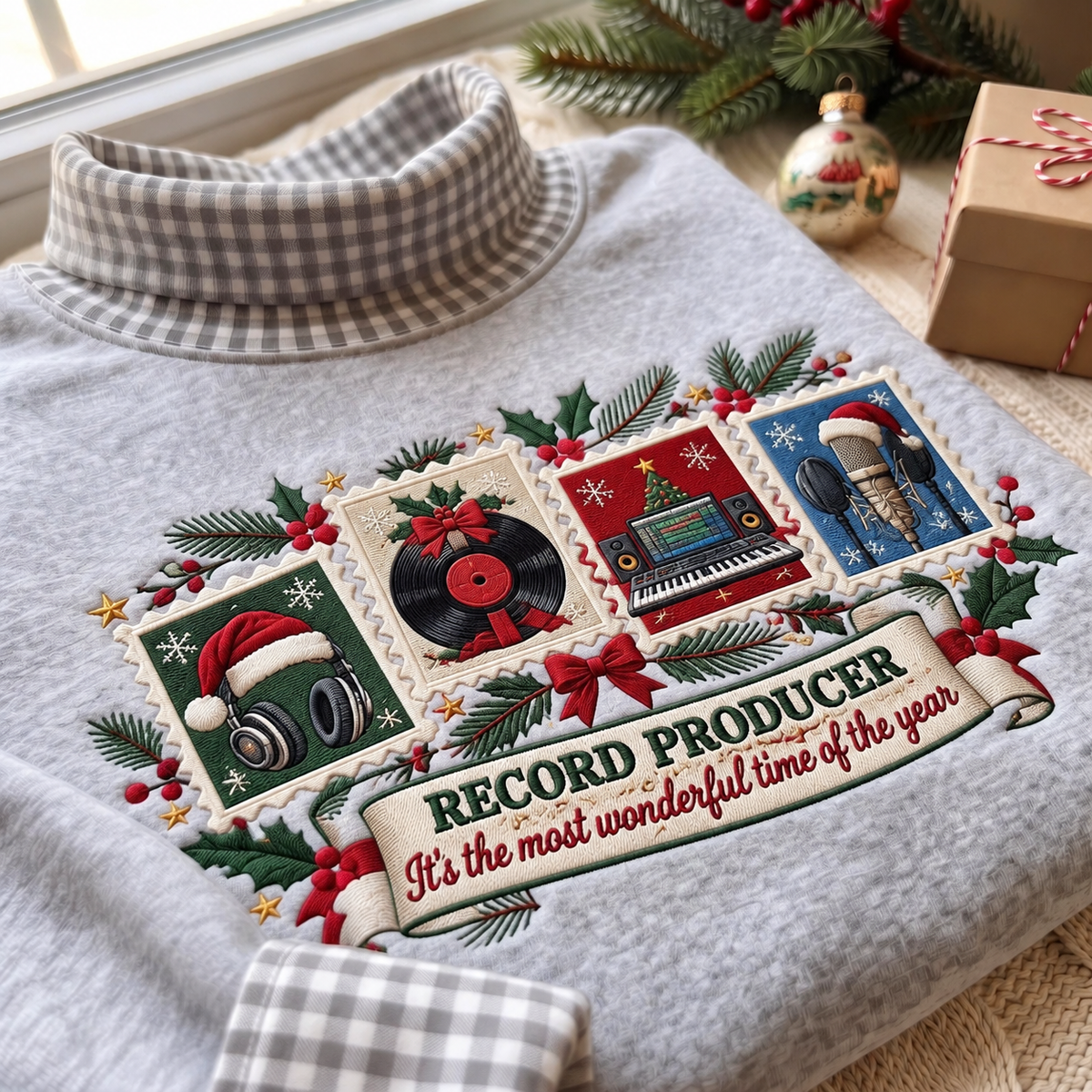 Record Producer It's The Most Wonderful Time Of The Year HG AI Gingham Mock Neck Sweatshirt, Embroidered Christmas Stam