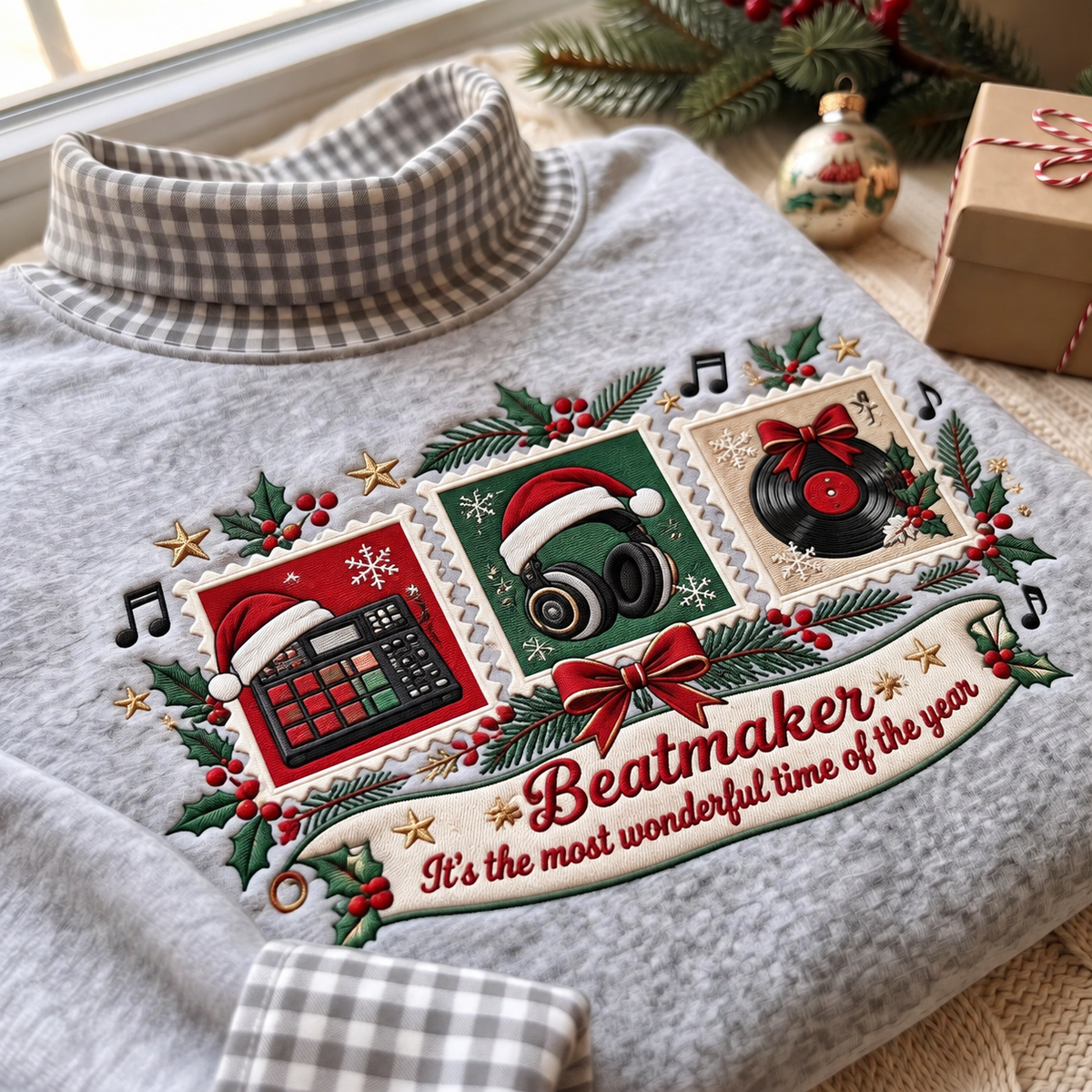 Beatmaker It's The Most Wonderful Time Of The Year HG AI Gingham Mock Neck Sweatshirt, Embroidered Christmas Stam