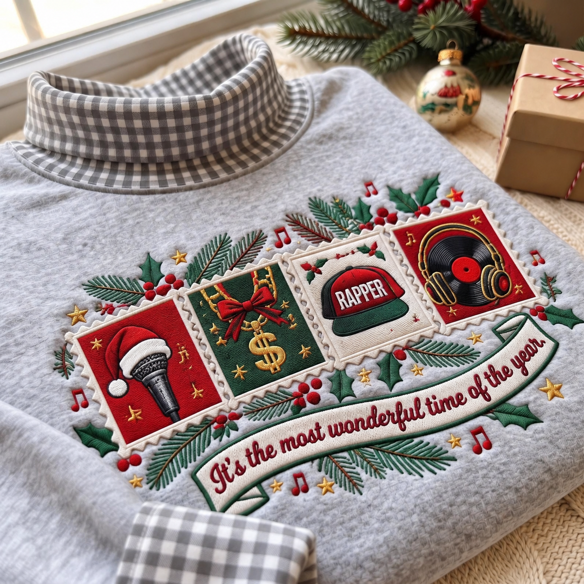 Rapper It's The Most Wonderful Time Of The Year HG AI Gingham Mock Neck Sweatshirt, Embroidered Christmas Stam