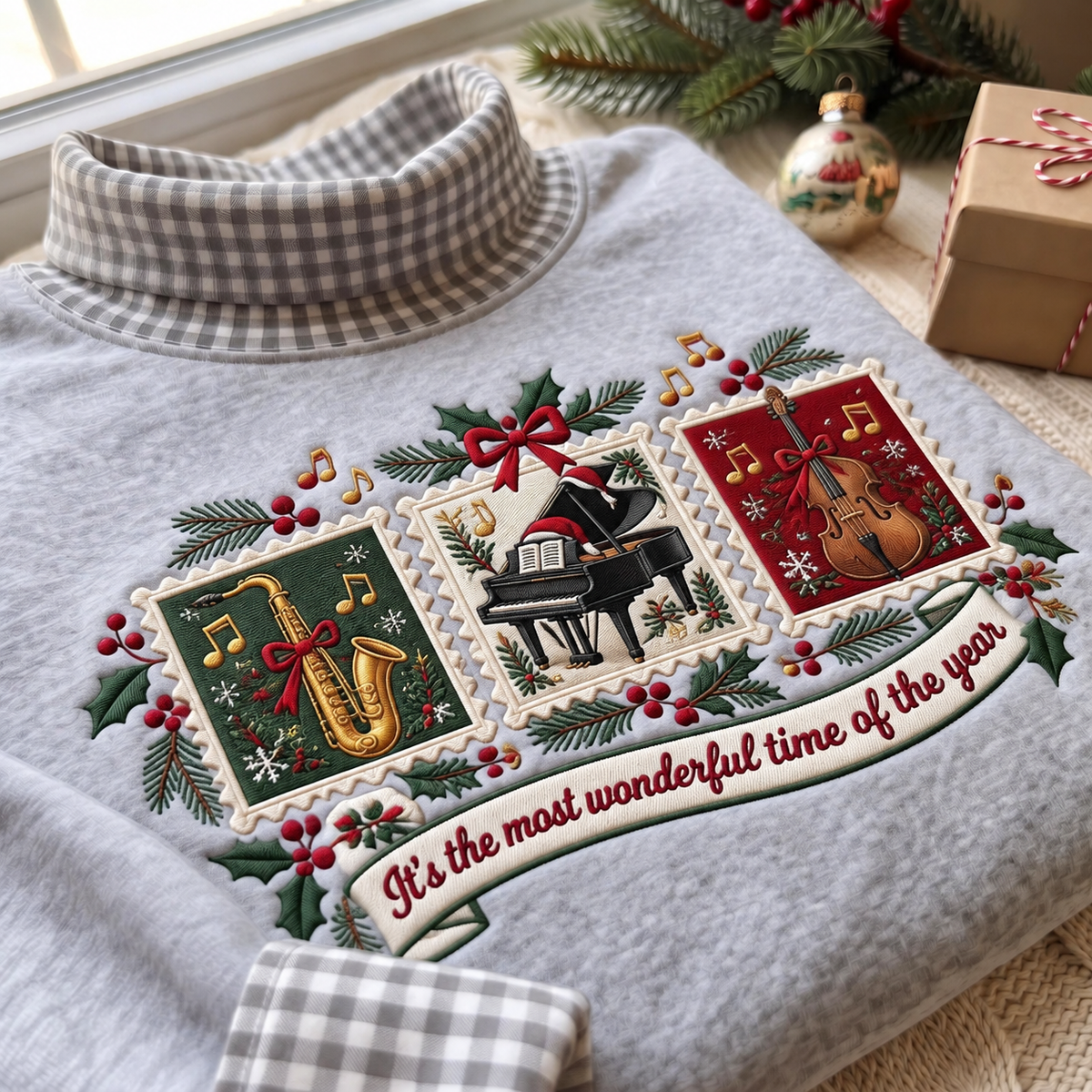 Jazz Musician It's The Most Wonderful Time Of The Year HG AI Gingham Mock Neck Sweatshirt, Embroidered Christmas Stam