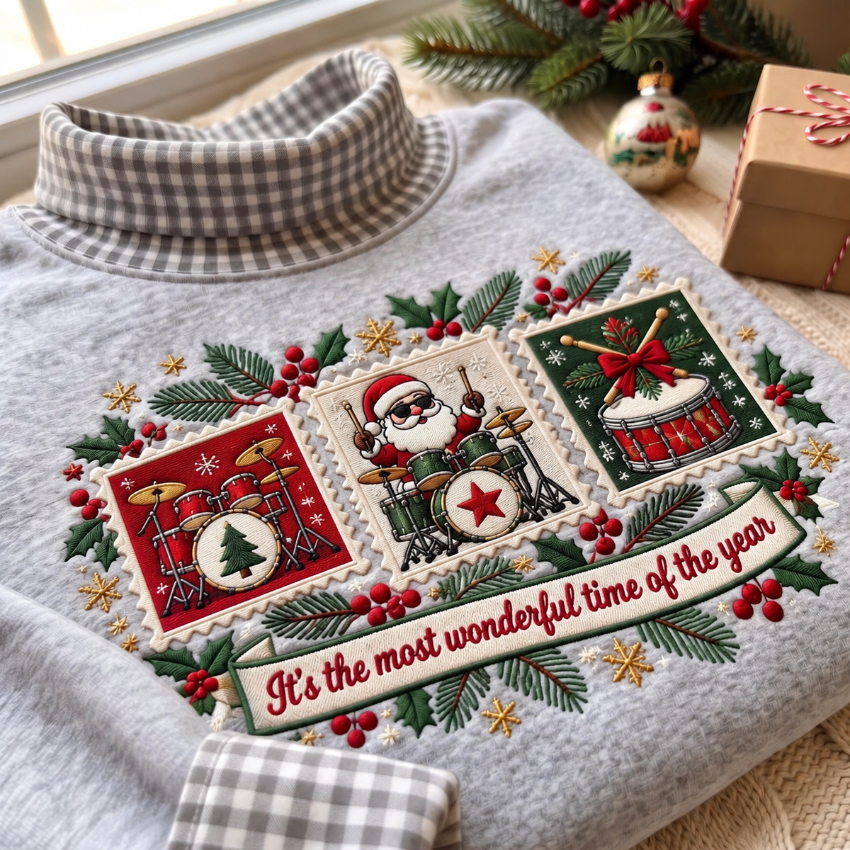 Drummer It's The Most Wonderful Time Of The Year HG AI Gingham Mock Neck Sweatshirt, Embroidered Christmas Stam