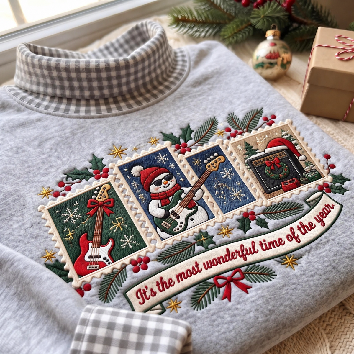 Bassist It's The Most Wonderful Time Of The Year HG AI Gingham Mock Neck Sweatshirt, Embroidered Christmas Stam