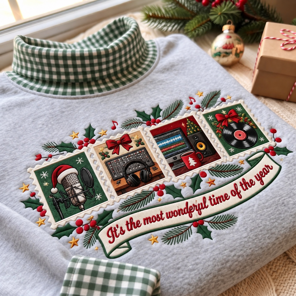 Recording Engineer It's The Most Wonderful Time Of The Year HG AI Gingham Mock Neck Sweatshirt, Embroidered Christmas