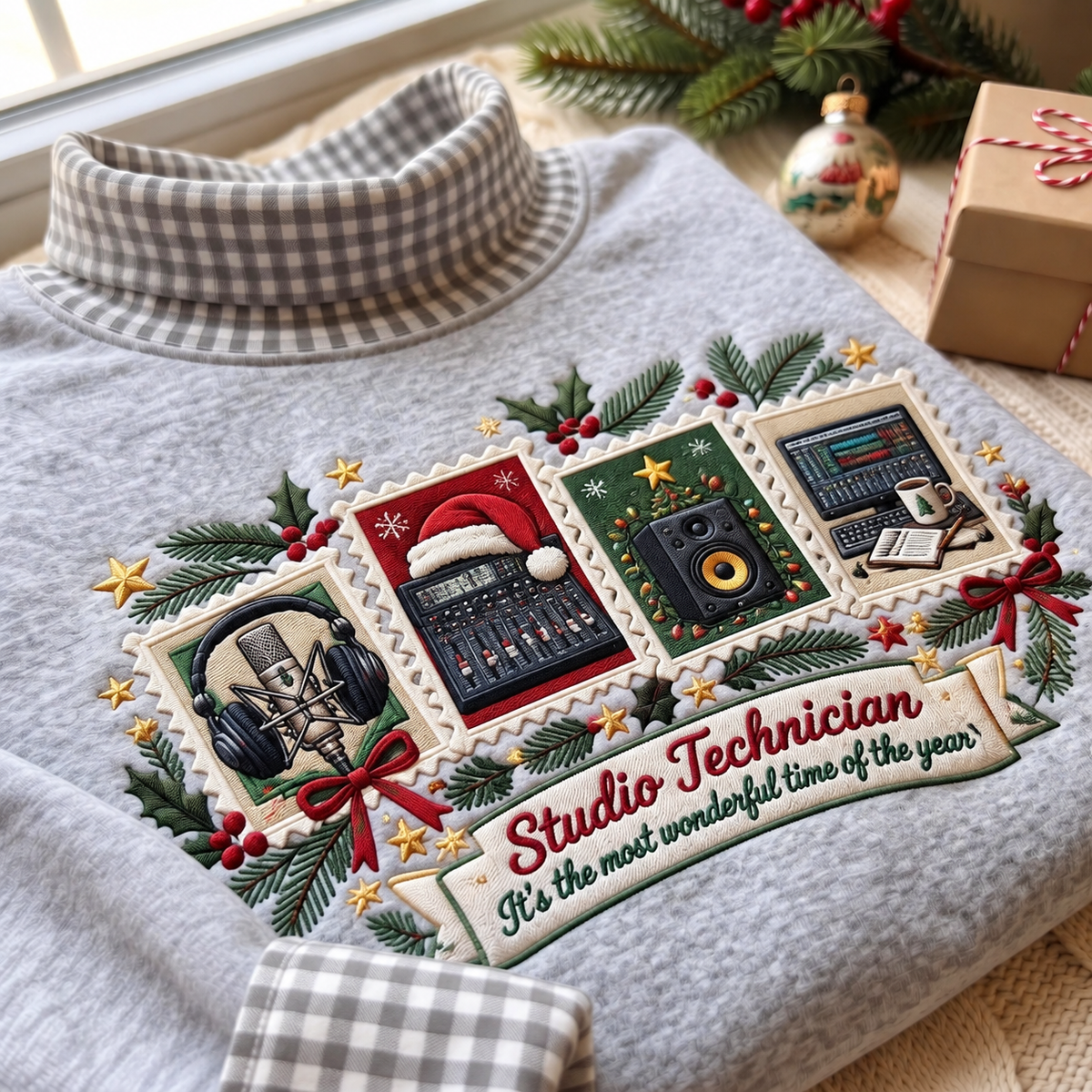 Studio Technician It's The Most Wonderful Time Of The Year HG AI Gingham Mock Neck Sweatshirt, Embroidered Christmas