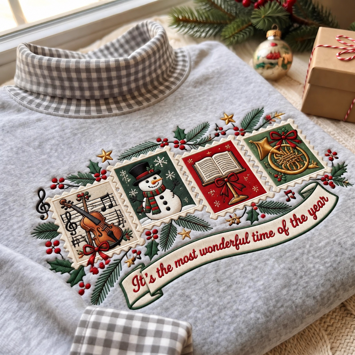 Orchestra Conductor It's The Most Wonderful Time Of The Year HG AI Gingham Mock Neck Sweatshirt, Embroidered Christmas